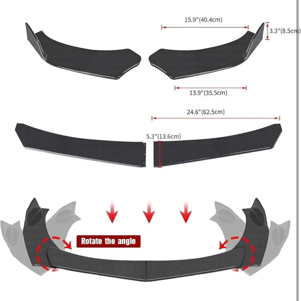 Carbon Fiber Front Bumper Lip Splitter Body Kit with Adjustable Red Support Rods